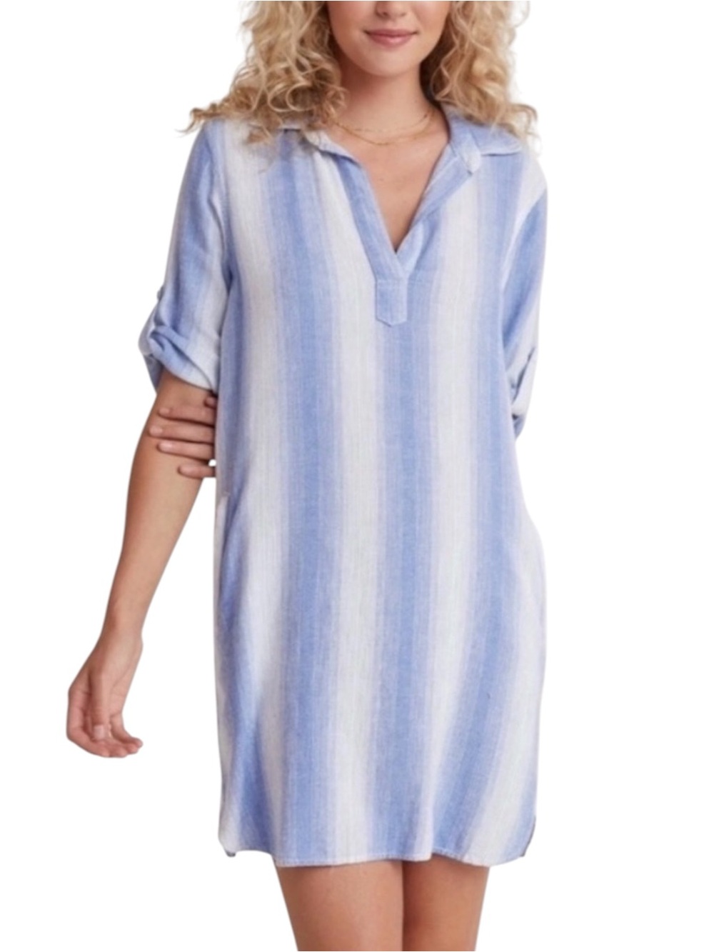 Bella Dahl A-Line Linen Blend Roll Tab Sleeve Blue Stripe Mini Dress Cover-Up S